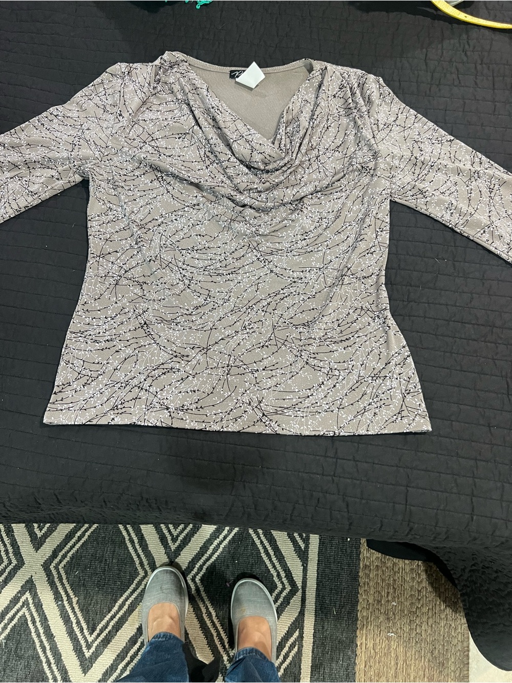 Cowl Neck Long Sleeve Printed Top in Taupe